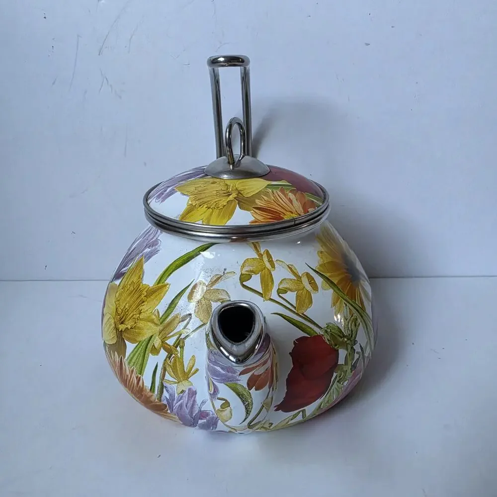 Pioneer Woman Enameled Steel Flower Garden Tea Pot Kettle Floral Retired 2.3 Qt